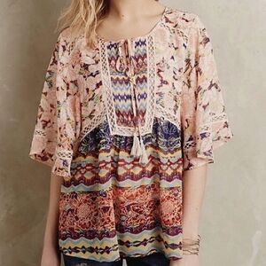 Anthropologie Meadow Rue Batai Tassel Boho Peasant Top Semi Sheer Lace Trim XS